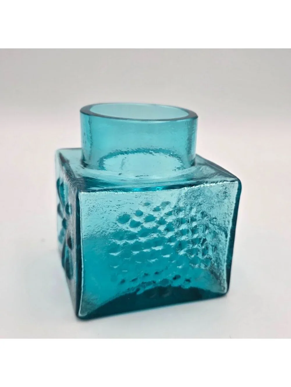 MCM Dartington Blue Glass Cube Vase Embossed Sunburst Design Textured Finish